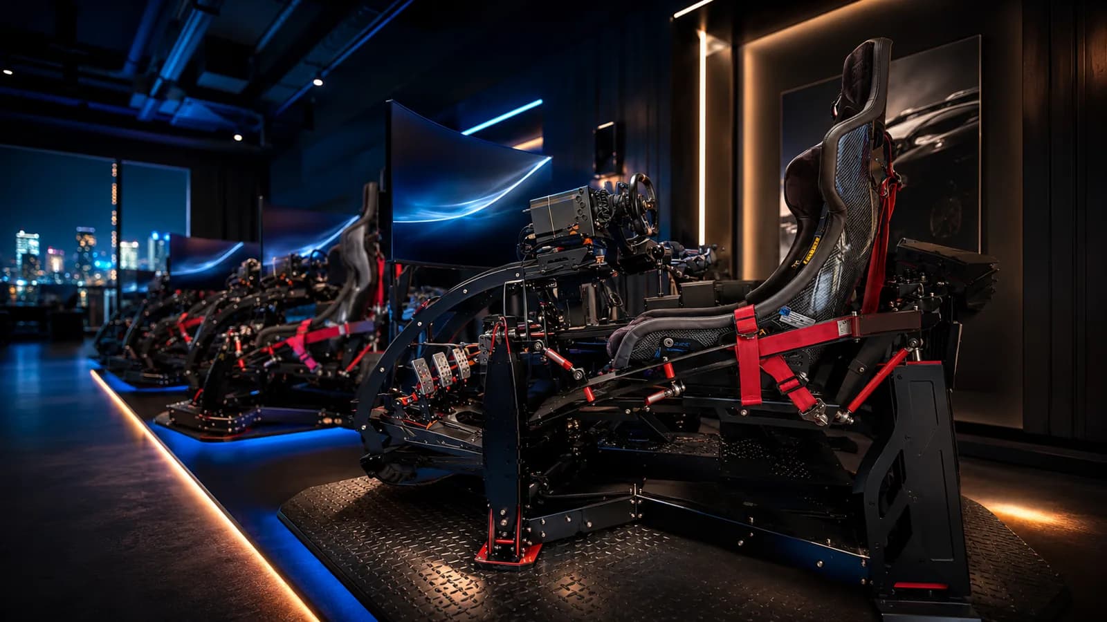 Independent sim racing venue with cockpit rigs